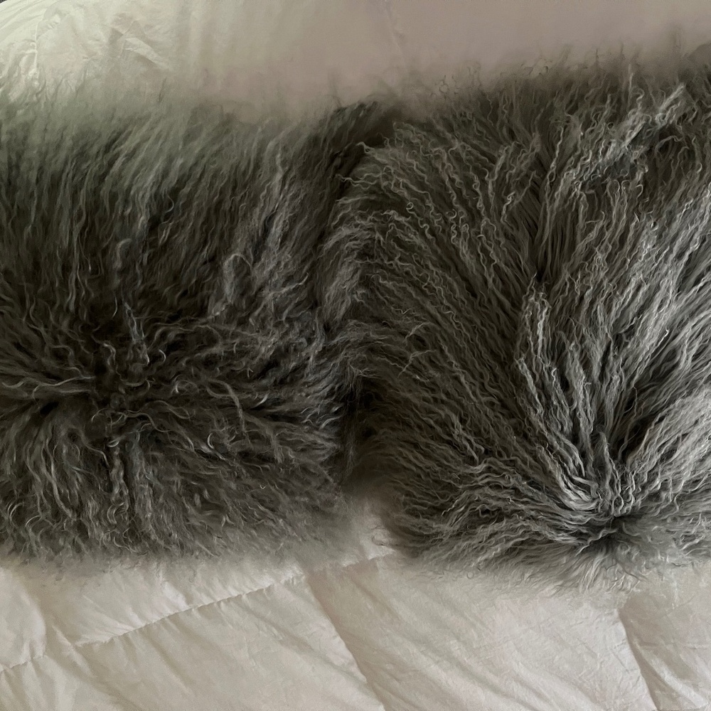 2 West Elm Mongolian Lamb Pillow Covers and Inserts / Pristine/ in Gray